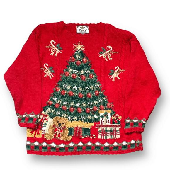 Vintage Tiara International Christmas Sweater XL Red Tree Teddy Bear Holiday - Picture 2 of 13